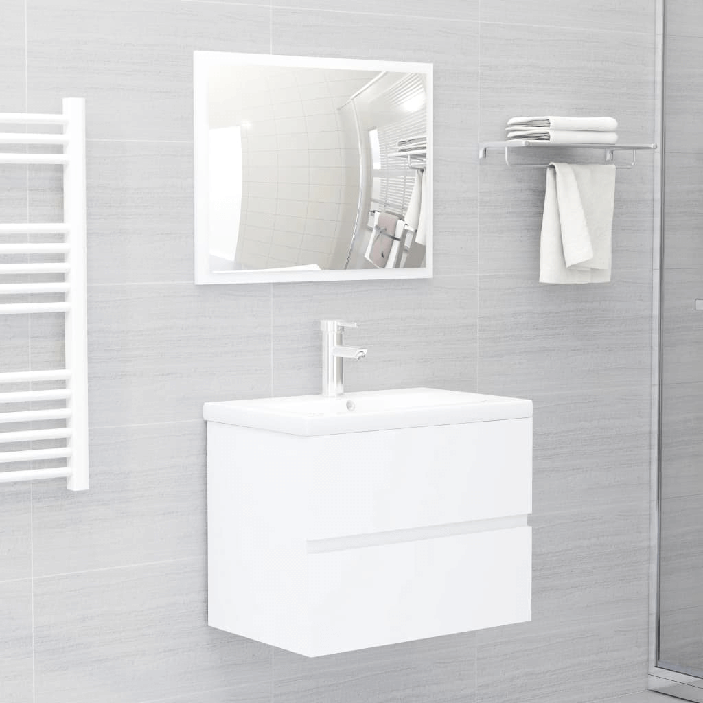 Modern White Bathroom Furniture Set | Engineered Wood, Elevate your bathroom with our sleek white furniture set, featuring a modern sink cabinet, built-in ceramic basin, and elegant mirror for ample storage.