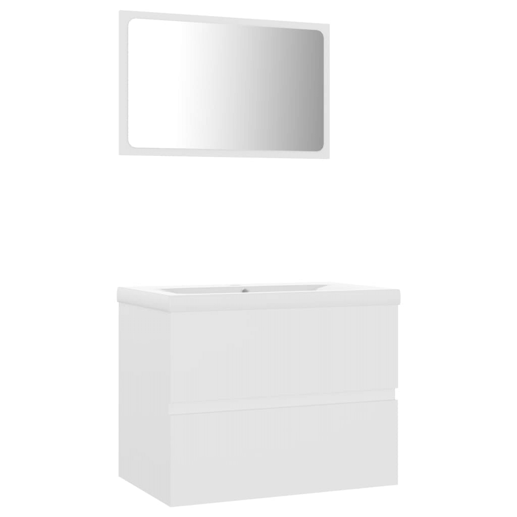 Modern White Bathroom Furniture Set | Engineered Wood, Elevate your bathroom with our sleek white furniture set, featuring a modern sink cabinet, built-in ceramic basin, and elegant mirror for ample storage.