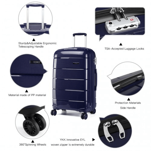 KONO 20-24-28” Navy Hard Shell Luggage Set, Durable 3-piece suitcase set with TSA lock, 360° wheels, and premium polypropylene material for ultimate travel convenience.