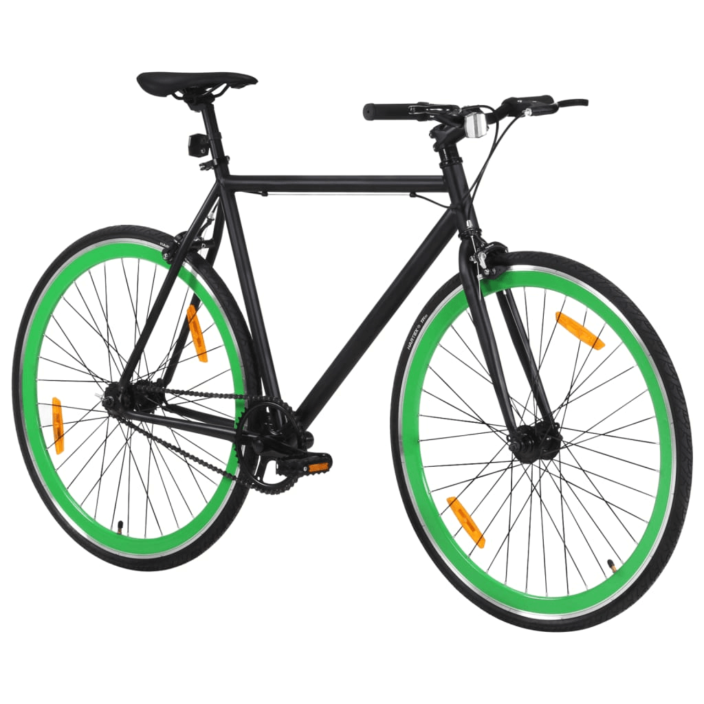 Lightweight Fixed Gear Bike 51cm - Black & Green Explore the city with our 51cm Fixed Gear Bike in striking Black & Green. Its lightweight aluminum frame & reflective devices ensure a smooth and safe ride.