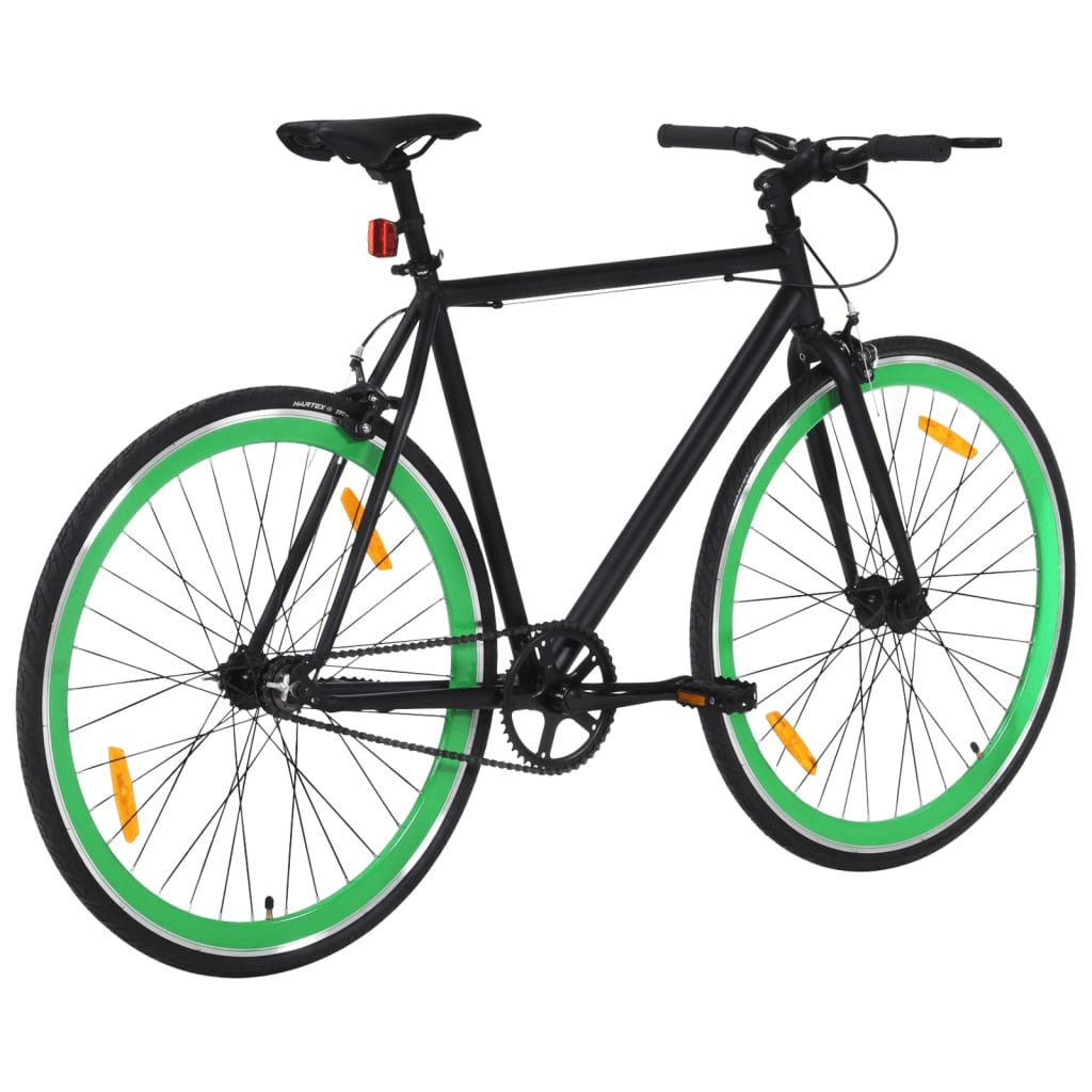 Lightweight Fixed Gear Bike 51cm - Black & Green Explore the city with our 51cm Fixed Gear Bike in striking Black & Green. Its lightweight aluminum frame & reflective devices ensure a smooth and safe ride.