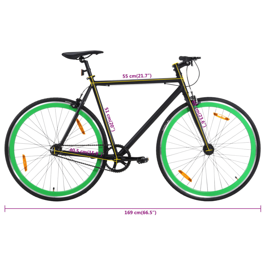 Lightweight Fixed Gear Bike 51cm - Black & Green Explore the city with our 51cm Fixed Gear Bike in striking Black & Green. Its lightweight aluminum frame & reflective devices ensure a smooth and safe ride.