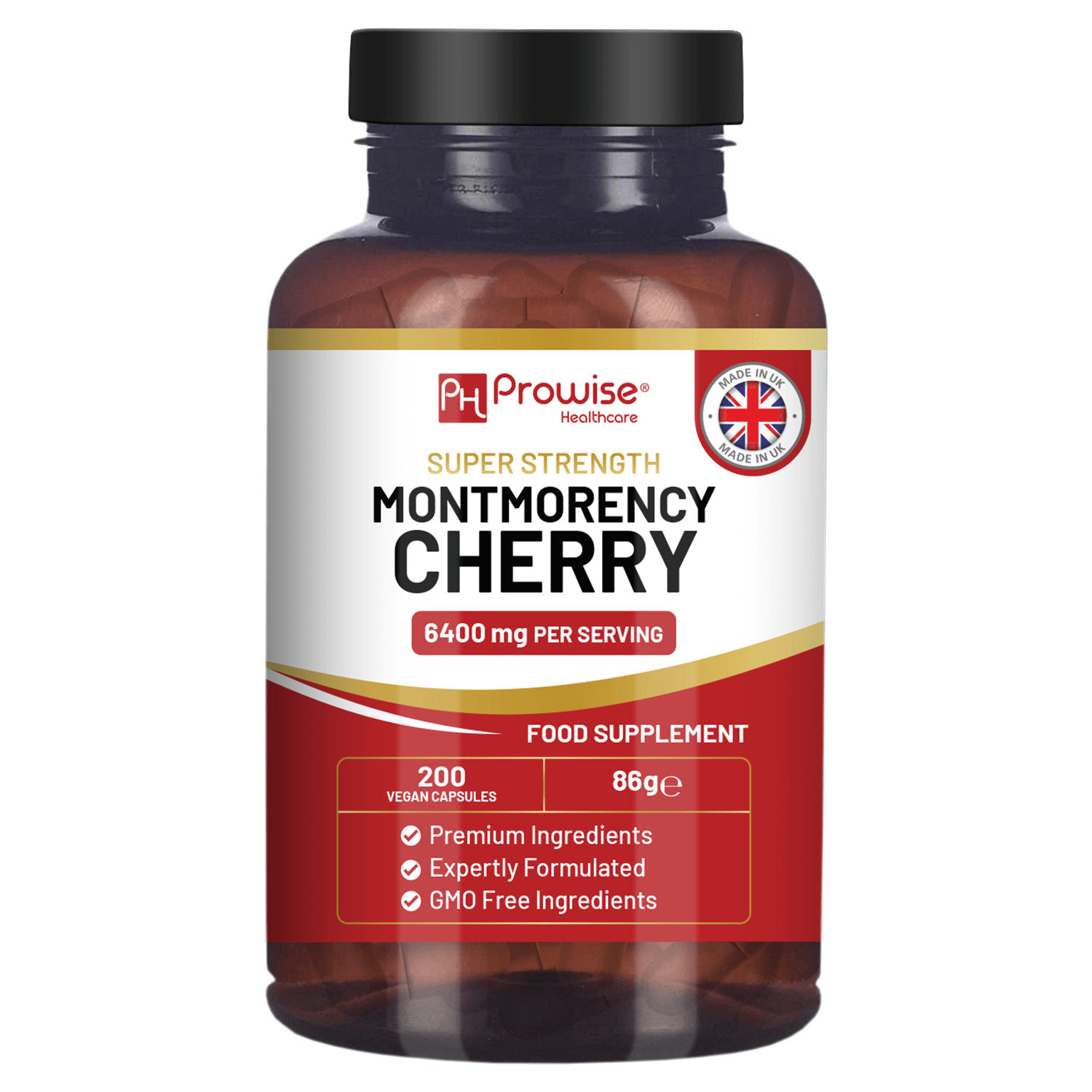 Montmorency Cherry 6400mg - 200 Vegan Capsules, Enjoy 6400mg of Montmorency cherry in each serving. Vegan, gluten-free, GMO-free, and made in the UK. Unlock powerful health benefits today!