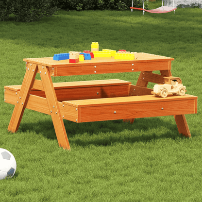 Kids Picnic Table - Pine Wood, Ages 2-8, Durable wax brown pine kids picnic table for outdoor fun. Ideal for dining and play for children aged 2-8. 88x97x52 cm.