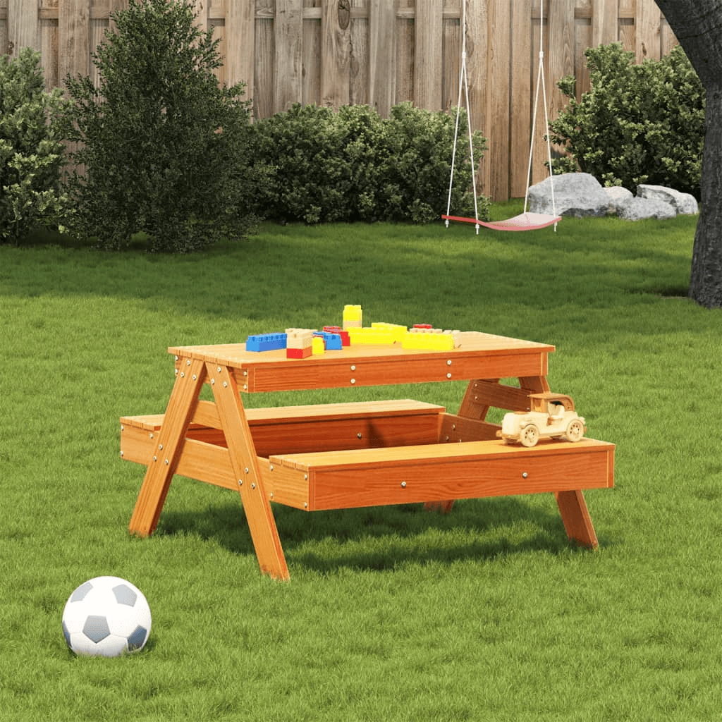 Kids Picnic Table - Pine Wood, Ages 2-8, Durable wax brown pine kids picnic table for outdoor fun. Ideal for dining and play for children aged 2-8. 88x97x52 cm.