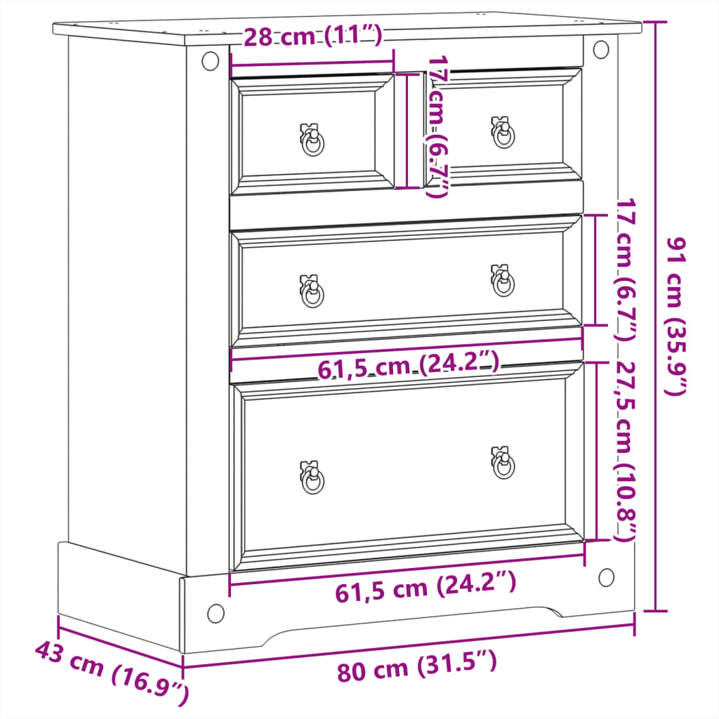 Chest of Drawers Corona - Solid Wood Pine - 80x43x91 cm, Add Style and Functionality to Your Home with the vidaXL Chest of Drawers Corona Enhance the charm of your home decor with the timeless design.