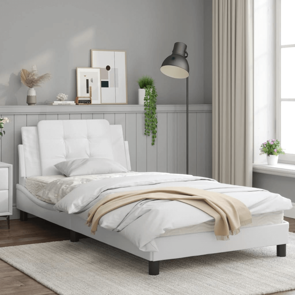 White Faux Leather Bed Frame 100x200 cm | Stylish & Durable, Elevate your bedroom decor with a stylish, durable 100x200 cm white faux leather bed frame. Premium quality, easy to clean, and sturdy construction.