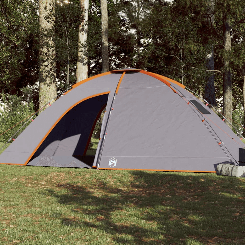 8-Person Waterproof Camping Tent, Discover the roomy 8-person tent in grey & orange. Waterproof and spacious, perfect for keeping dry and comfortable on your outdoor adventures.