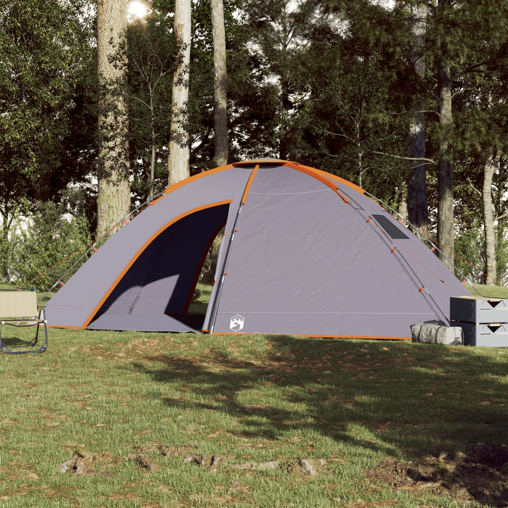 8-Person Waterproof Camping Tent, Discover the roomy 8-person tent in grey & orange. Waterproof and spacious, perfect for keeping dry and comfortable on your outdoor adventures.