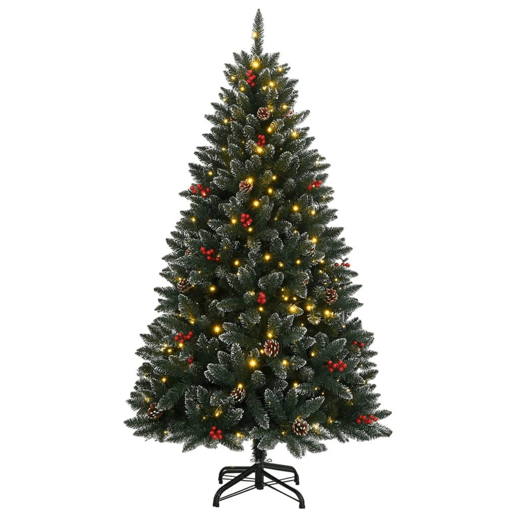 Realistic 120 cm LED Christmas Tree, Enhance your holiday decor with a realistic 120 cm artificial tree featuring 150 LED lights, snow, cones, and berries. No needle cleanup needed!