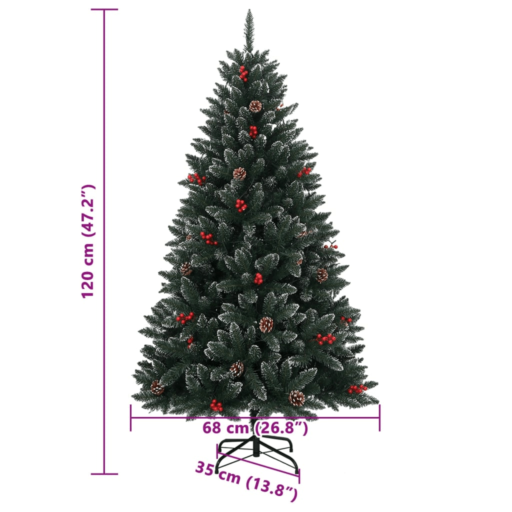 Realistic 120 cm LED Christmas Tree, Enhance your holiday decor with a realistic 120 cm artificial tree featuring 150 LED lights, snow, cones, and berries. No needle cleanup needed!