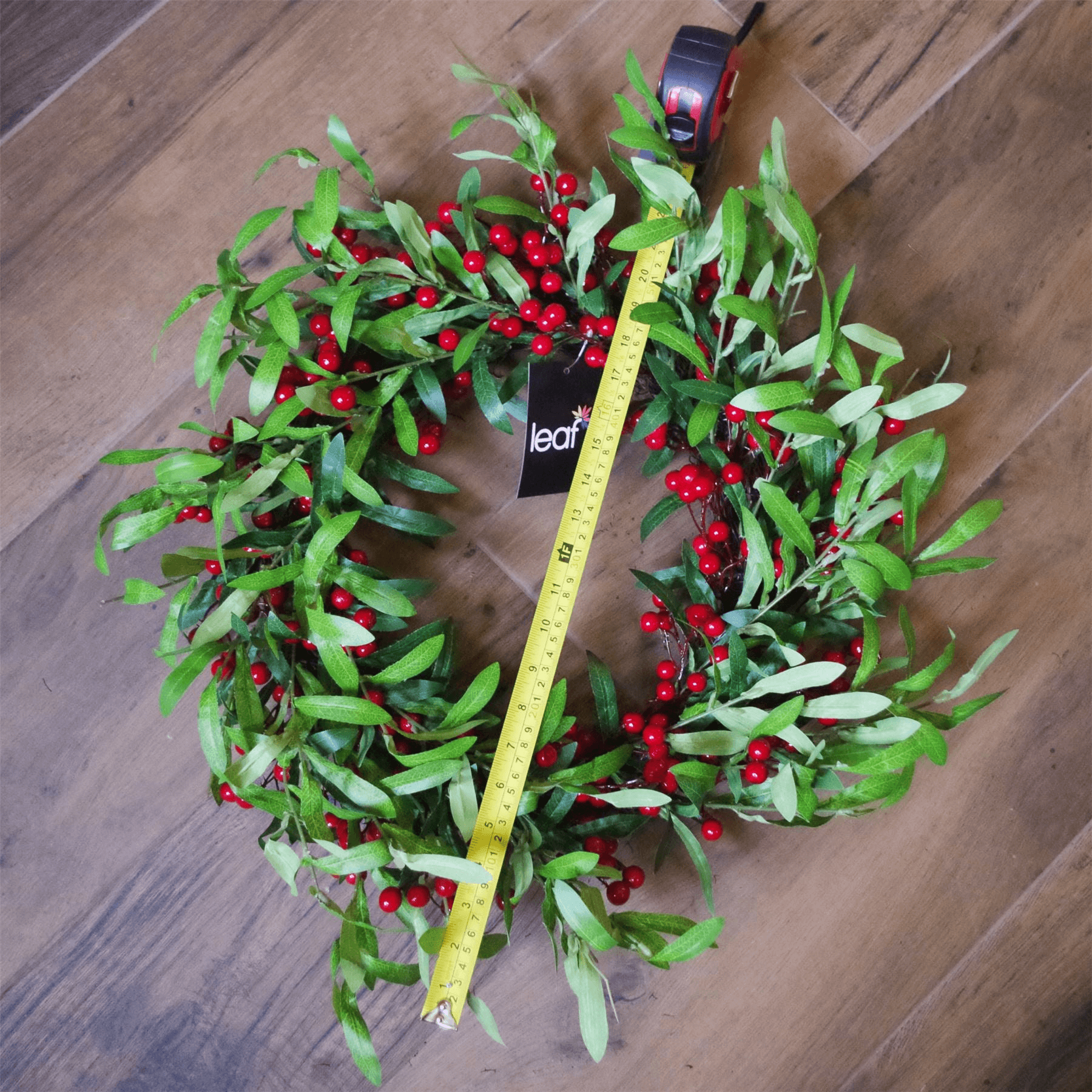 Luxury 24-Inch Christmas Mistletoe Wreath, Elevate your holiday décor with Botanik's 60cm wreath, featuring lush silk leaves and red berries. Perfect for any door.