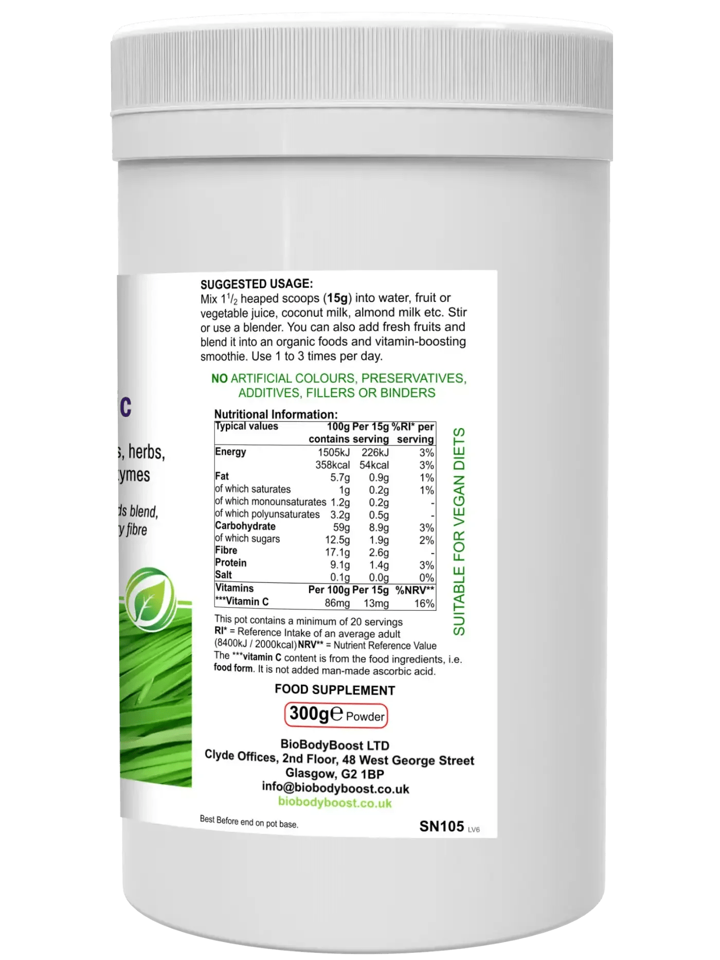 BioGreenz Organic Green Meal Shake - High-Fibre Vegan Superfood, 35 Green Foods Blend, Immune Support & Digestion Booster