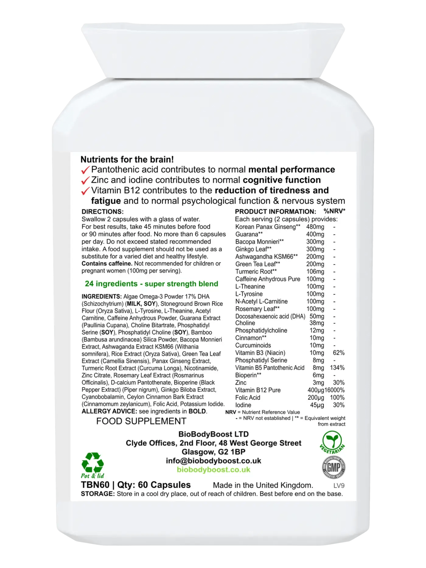 BioBrain Natural Nootropic Supplement - Enhance Cognitive Function, Memory & Mental Clarity - All-Natural Ingredients, 60 Capsules