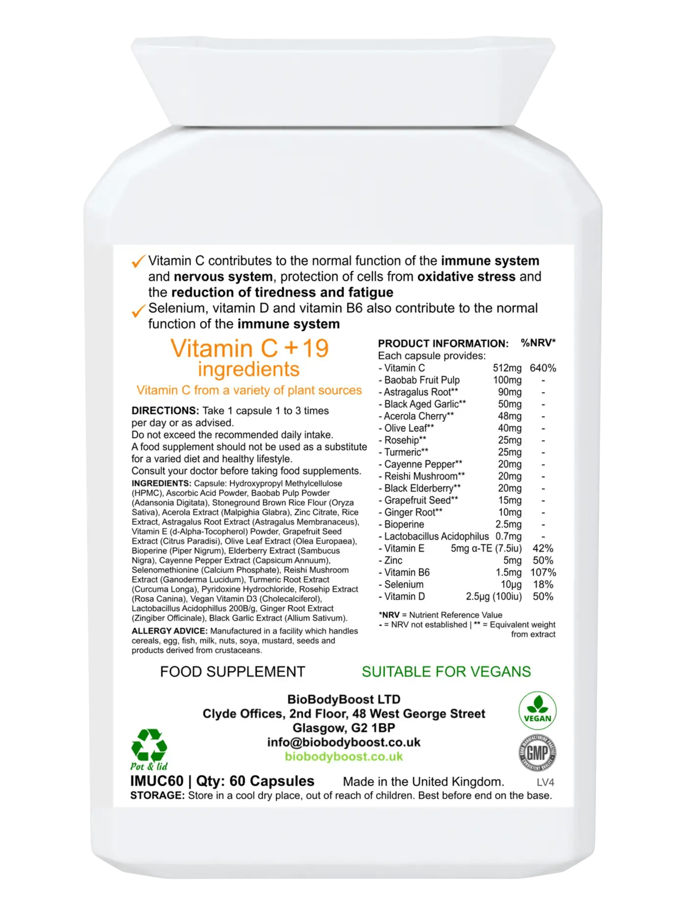 ImmuneBoost Vitamin C Complex - 60 Capsules | Premium Immune Support with Potent Herbs, Roots, Vitamins, Minerals & Reishi Mushroom | Vegan & Non-GMO