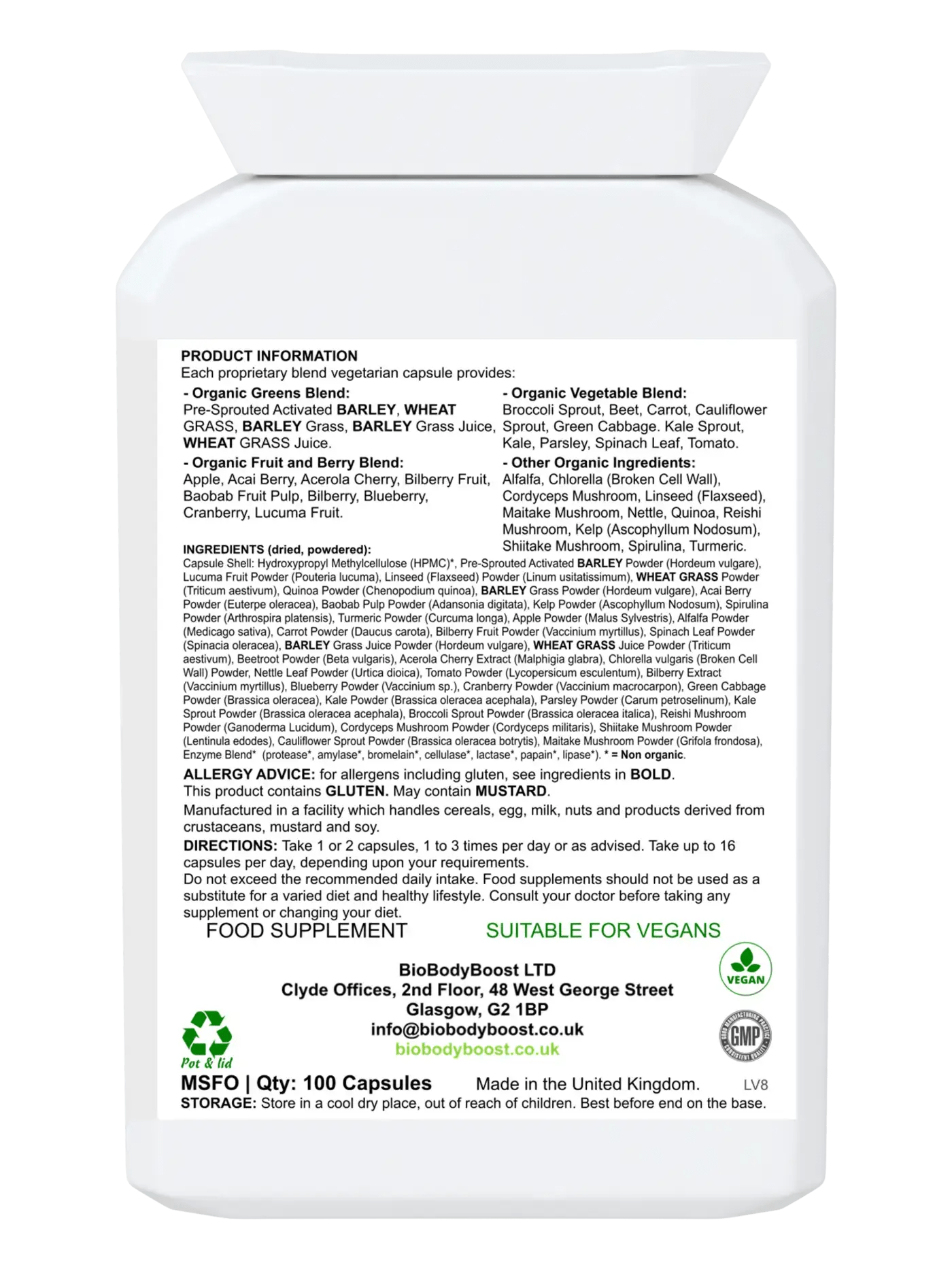 SuperBio Capsules - Vegan Organic Foods Blend with 35 Organic Ingredients for Optimal Health - 100 Capsules