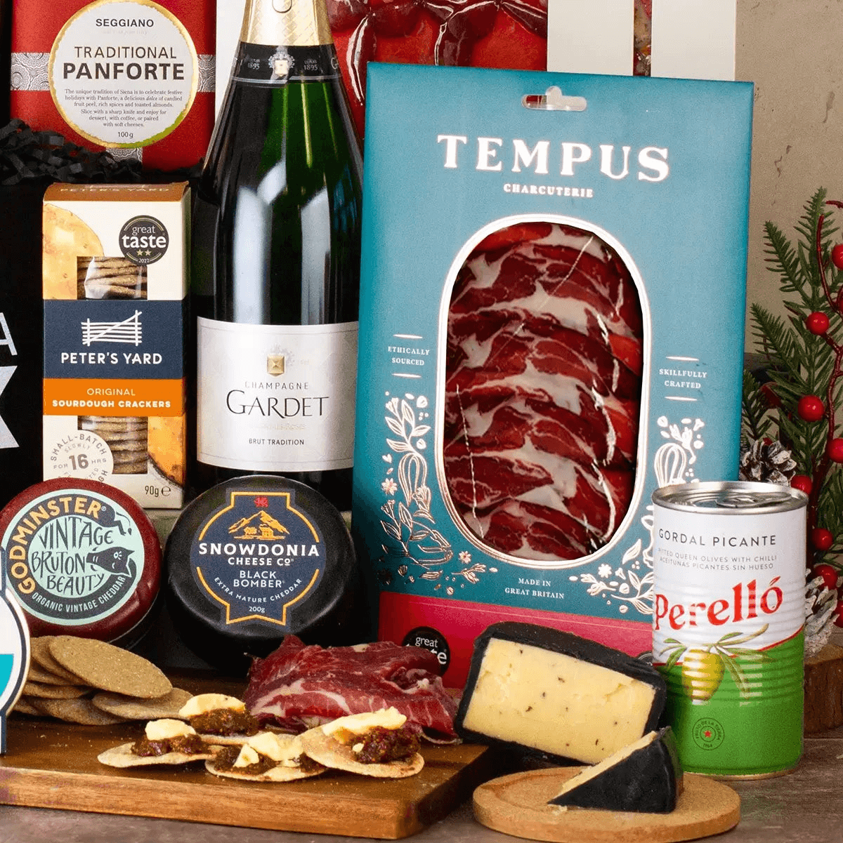 Luxurious Christmas Gift Hamper, Indulge in festive luxury with our Ultimate Christmas Gift Hamper featuring champagne and charcuterie. Perfect holiday gift!