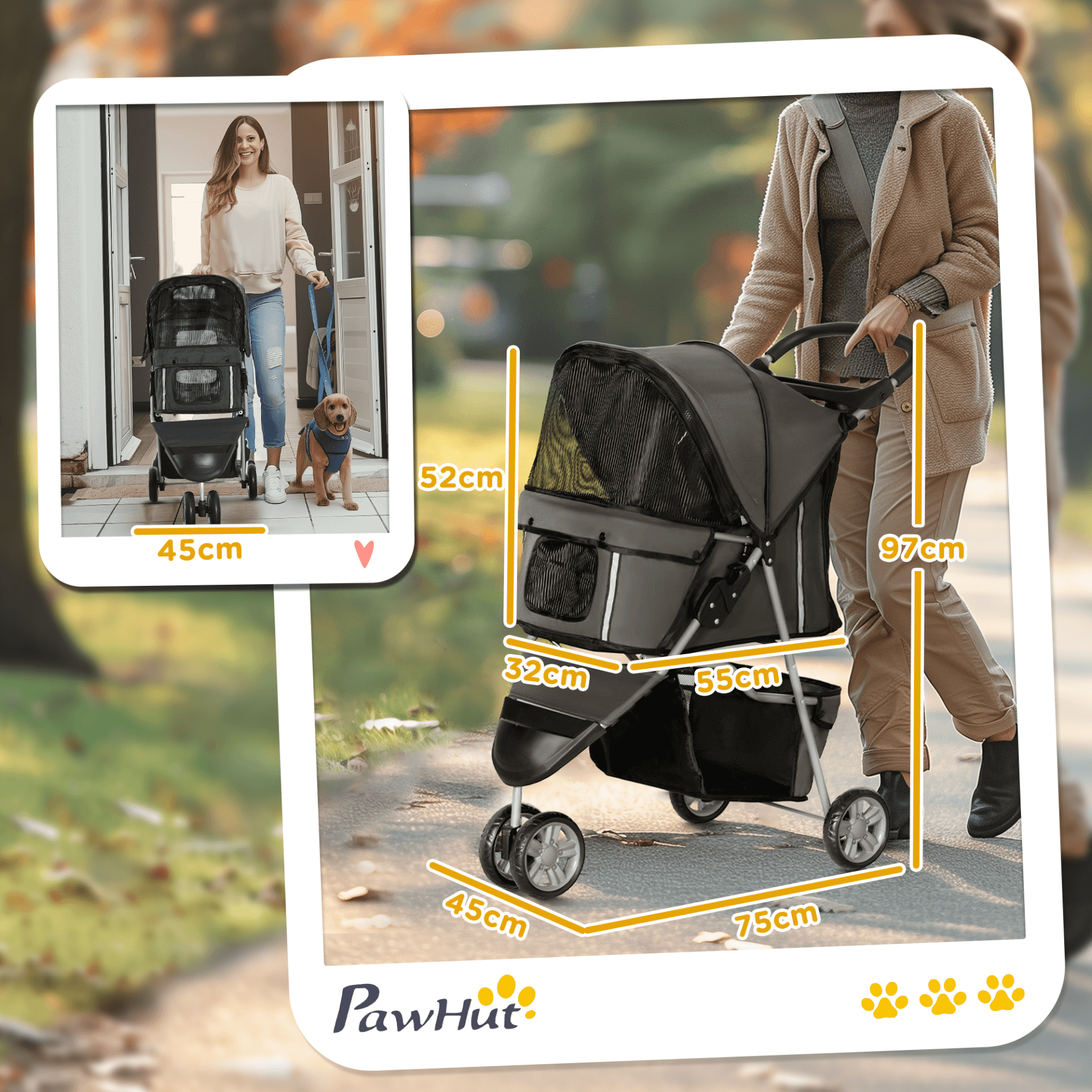 PawHut 3 Wheel Pet Stroller - Charcoal Grey for Dogs, Stylish and safe Pet Stroller for small dogs. Features cup holder, storage, and durable design with superior ventilation and brakes.