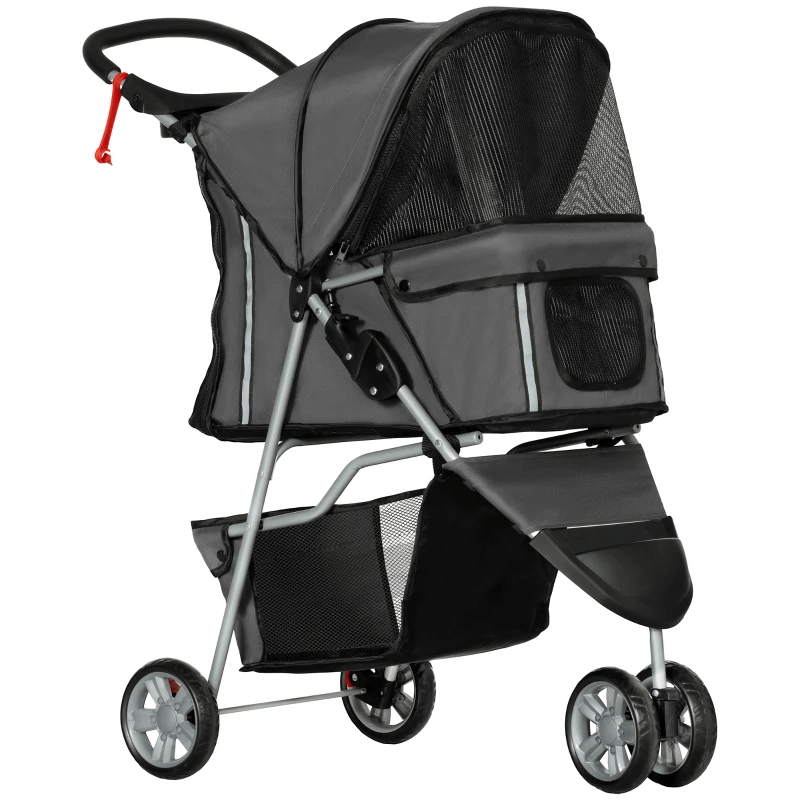 PawHut 3 Wheel Pet Stroller - Charcoal Grey for Dogs, Stylish and safe Pet Stroller for small dogs. Features cup holder, storage, and durable design with superior ventilation and brakes.