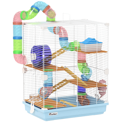 PawHut 5 Tier Hamster Cage with Exercise Wheels & Tunnels, Enhance your pet's playtime with this durable 5-tier hamster cage featuring tunnels, exercise wheels, and a cozy house. Perfect for small pets!