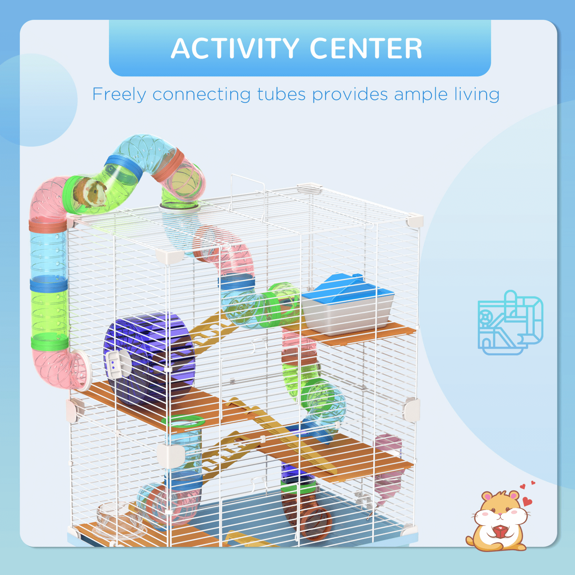 PawHut 5 Tier Hamster Cage with Exercise Wheels & Tunnels, Enhance your pet's playtime with this durable 5-tier hamster cage featuring tunnels, exercise wheels, and a cozy house. Perfect for small pets!