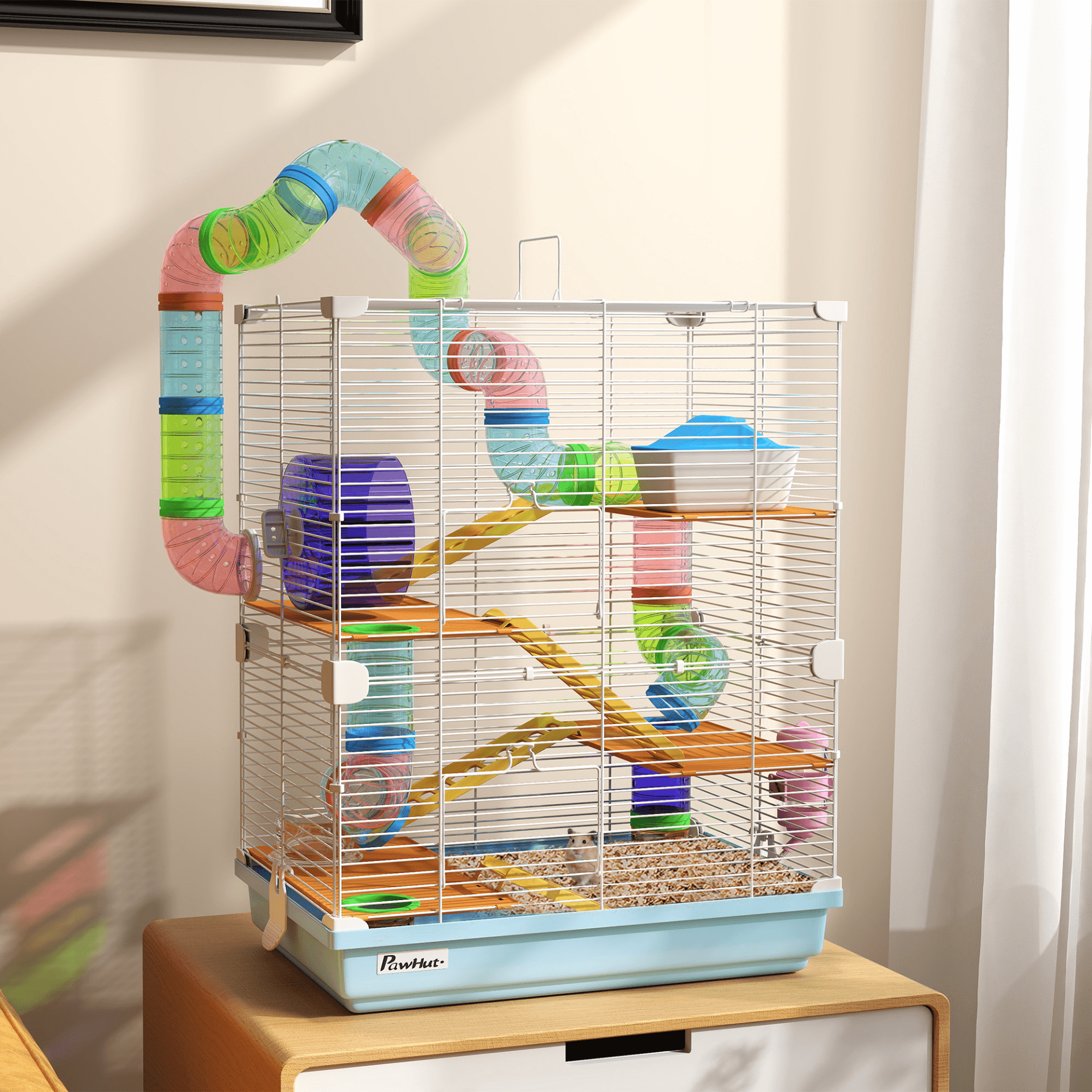 PawHut 5 Tier Hamster Cage with Exercise Wheels & Tunnels, Enhance your pet's playtime with this durable 5-tier hamster cage featuring tunnels, exercise wheels, and a cozy house. Perfect for small pets!