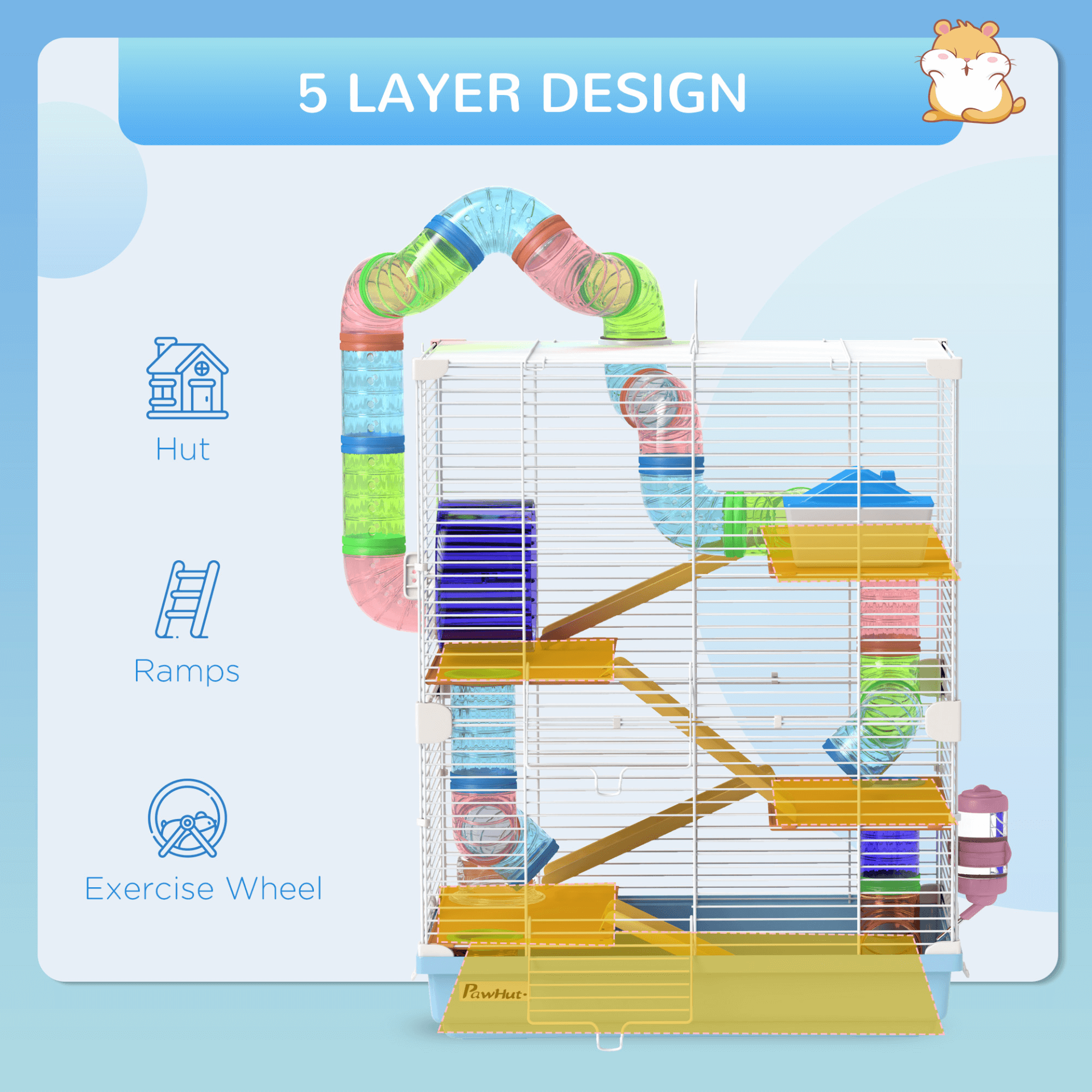 PawHut 5 Tier Hamster Cage with Exercise Wheels & Tunnels, Enhance your pet's playtime with this durable 5-tier hamster cage featuring tunnels, exercise wheels, and a cozy house. Perfect for small pets!