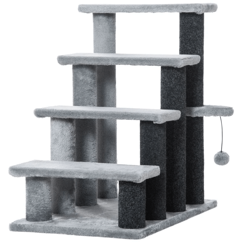 PawHut 4-Step Pet Stairs with Scratching Posts - Grey, Boost your cat's fun with PawHut 4-Step Stairs, featuring a hanging ball and cozy flannel steps, perfect for small and older cats.