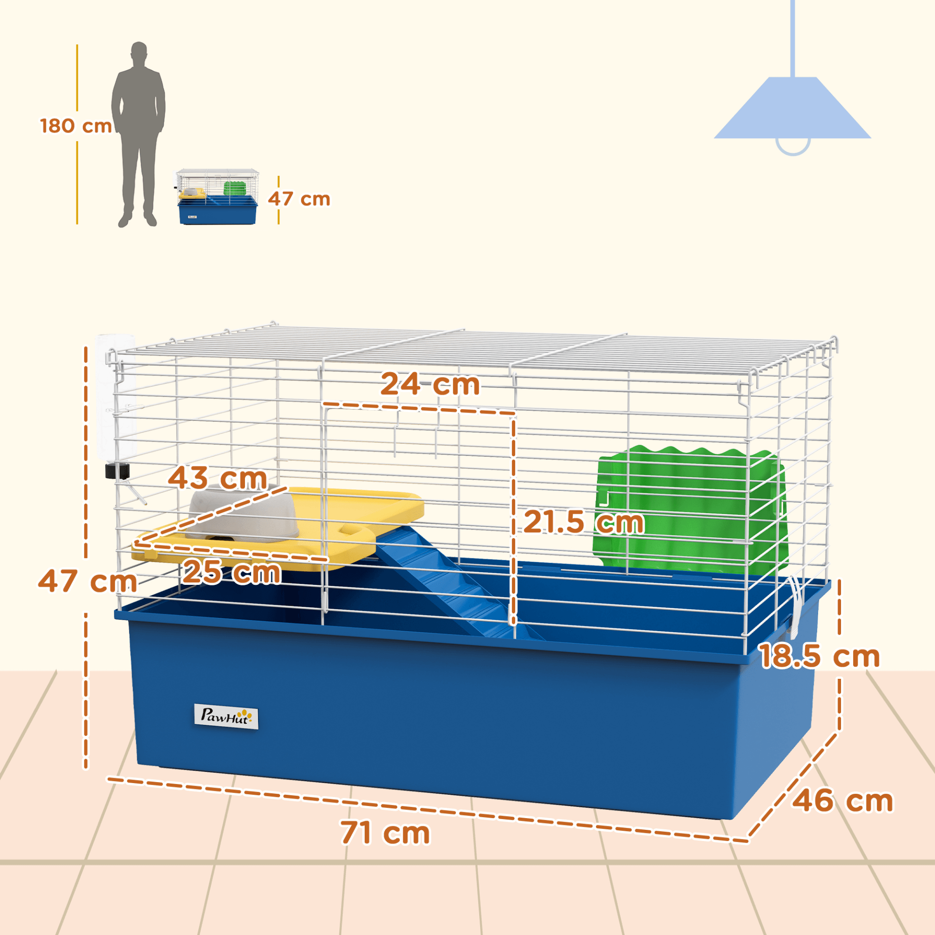 PawHut Blue Hamster Cage for Small Pets - 71x46x47cm, Spacious playhouse with platform, ramp & accessories for small pets like guinea pigs and chinchillas. Ideal for comfort and easy maintenance.