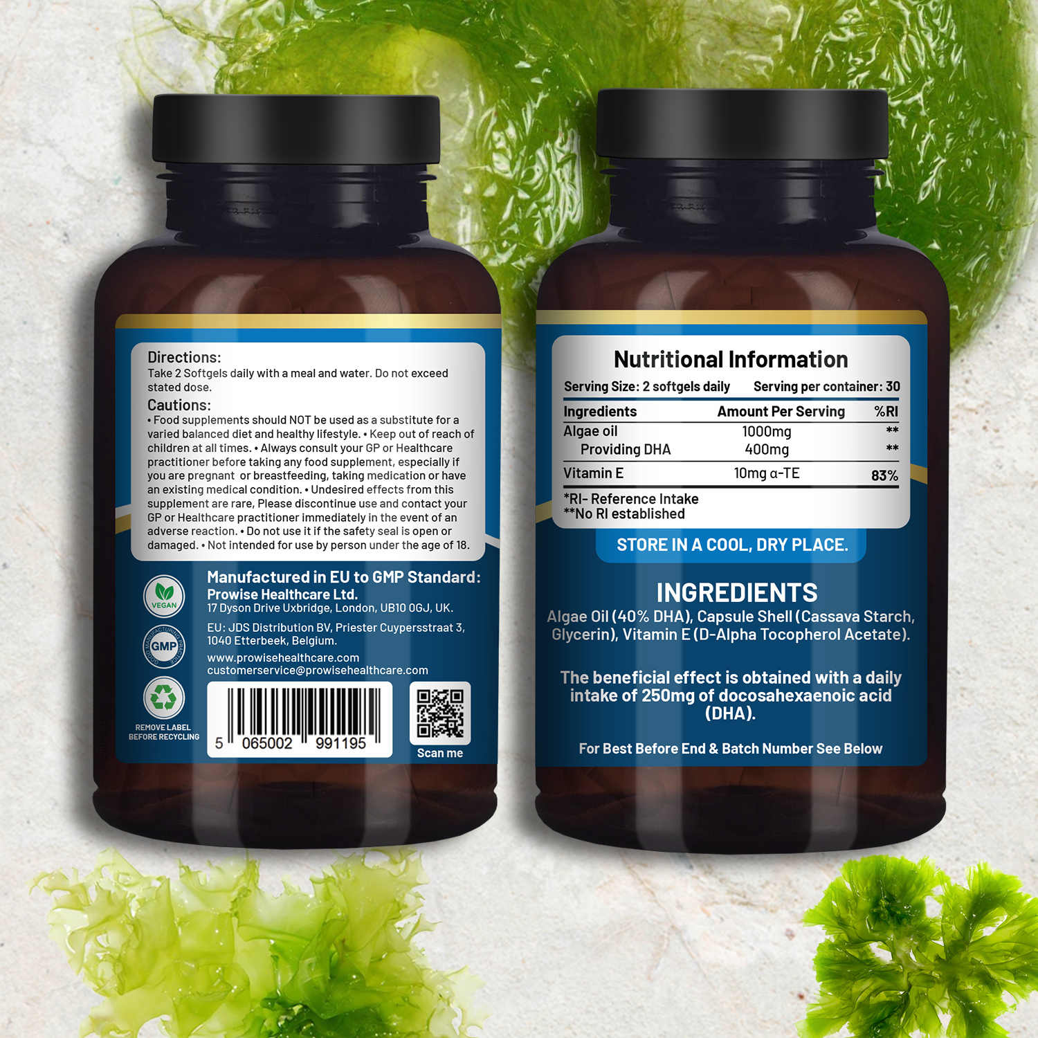 Prowise Vegan Omega-3 DHA from Algae Oil - 60 Softgels | 400mg DHA, 10mg Vitamin E | 100% Plant-Based | Brain, Eye & Joint Health Support | Pure & Sustainable Sourced Supplement