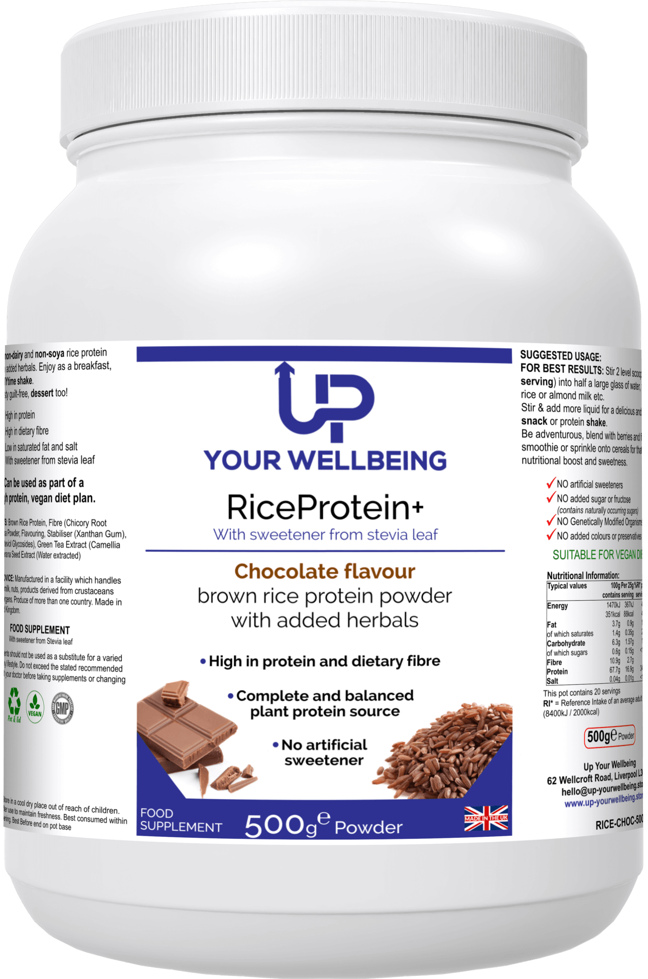 RiceProtein+ Vegan Chocolate – High Protein, Low Fat, Enjoy 16.9g of vegan protein per serving with RiceProtein+ Chocolate. High in fiber, low in saturated fat, and packed with nutrients.