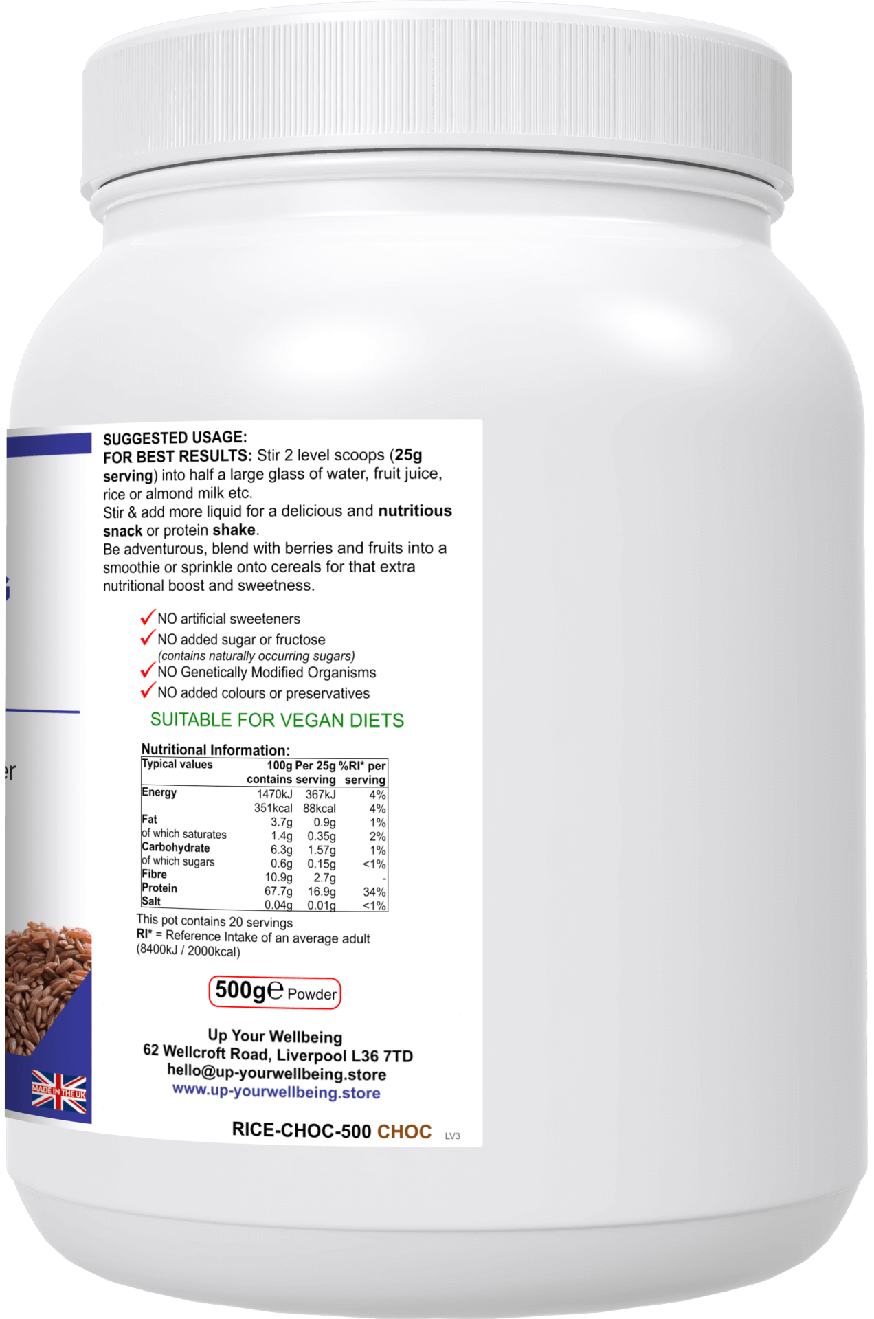 RiceProtein+ Vegan Chocolate – High Protein, Low Fat, Enjoy 16.9g of vegan protein per serving with RiceProtein+ Chocolate. High in fiber, low in saturated fat, and packed with nutrients.