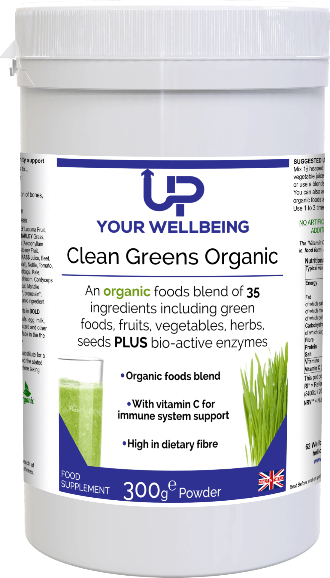 Clean Greens Organic - High Fibre Vegan Blend, Elevate nutrition with Clean Greens Organic, featuring 35 organic green foods, vegetables, fruits, herbs, seeds, and enzymes. Vegan, Organic, Kosher.