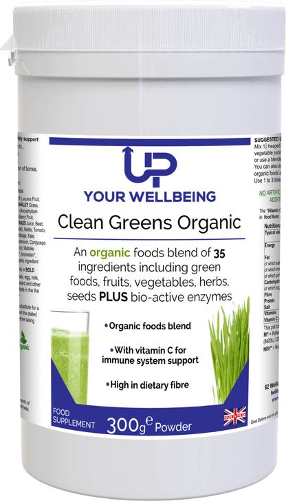 Clean Greens Organic - High Fibre Vegan Blend, Elevate nutrition with Clean Greens Organic, featuring 35 organic green foods, vegetables, fruits, herbs, seeds, and enzymes. Vegan, Organic, Kosher.