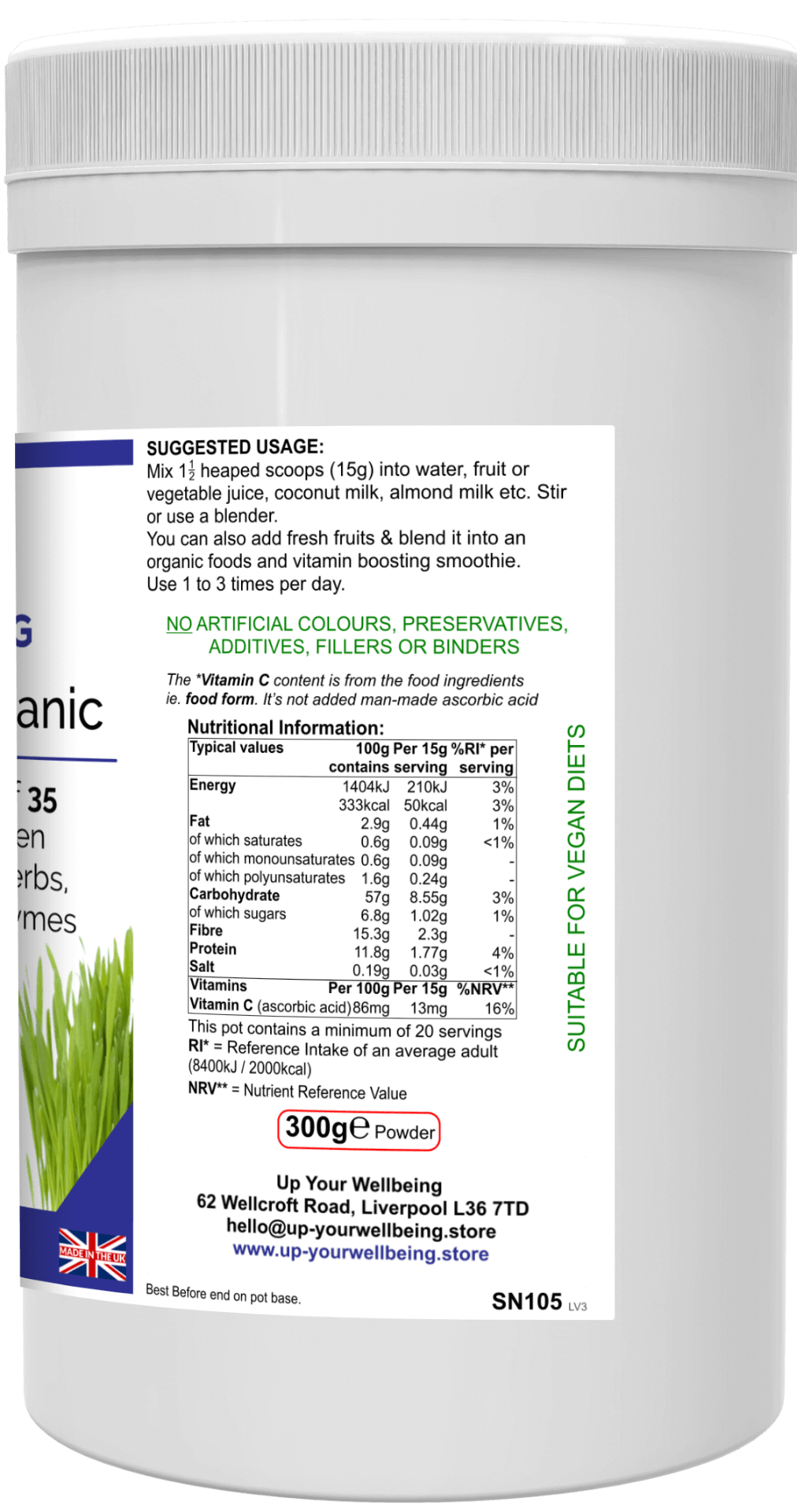 Clean Greens Organic - High Fibre Vegan Blend, Elevate nutrition with Clean Greens Organic, featuring 35 organic green foods, vegetables, fruits, herbs, seeds, and enzymes. Vegan, Organic, Kosher.