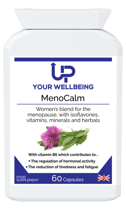 MenoCalm Herbal Supplement for Menopausal Women - Capsules, MenoCalm offers natural relief for menopausal women with herbs and vitamins. Key ingredients include Wild Yam, Soya Isoflavones, and Vitamin B6.