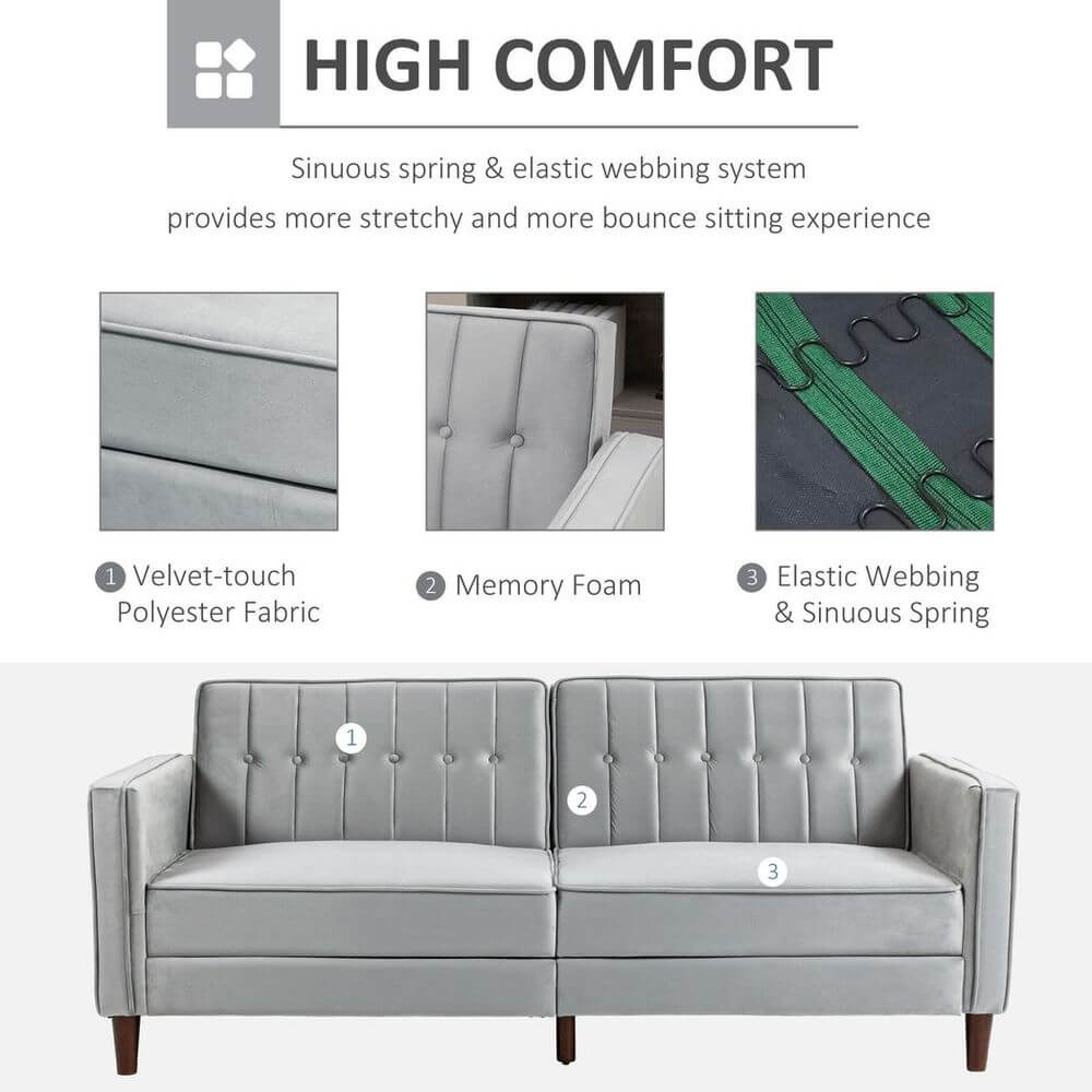 Elegant Click Clack Futon Sofa Bed - Grey Velvet, Discover the ultimate in versatility and comfort with our HOMCOM Convertible Sofa Futon. Perfect for any space, it easily converts from sofa to bed.