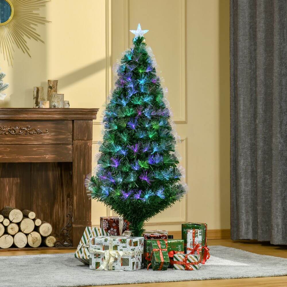 5FT Colourful LED Fibre Optic Christmas Tree, Illuminate your holiday with a 5FT multicoloured fibre optic Christmas tree featuring 180 vibrant lights, a star topper, and sturdy metal base.