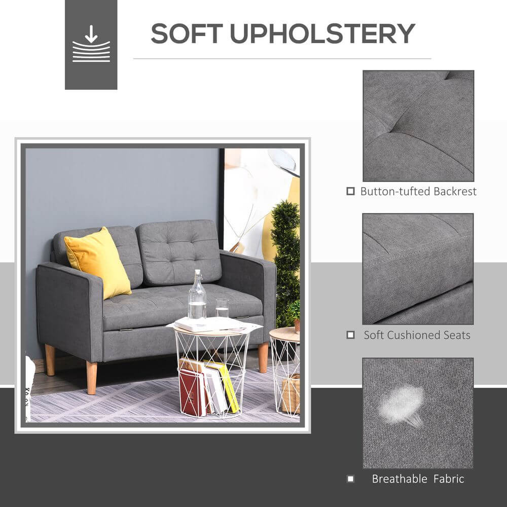 Stylish 2-Seater Sofa with Storage - Grey, Perfect compact sofa for small spaces. This 2-seater offers storage, comfort, and style with its grey finish and wood legs. Ideal for homes and offices.