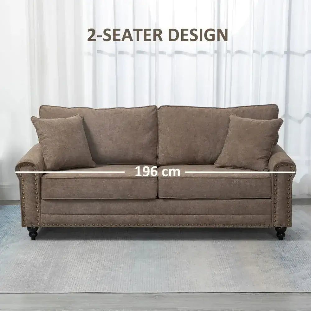 Chic 2-Seater Sofa with Nailhead Trim, Discover stylish comfort with our 2-seater fabric sofa. Perfect for small spaces, featuring nailhead trim and plush cushions. Ideal for apartments.