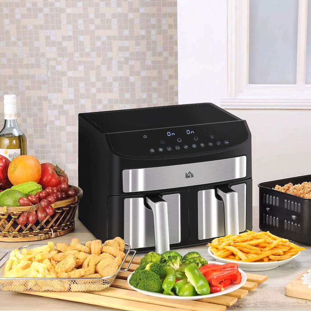 10-in-1 Oil-Free Dual Air Fryer 2400W, Discover healthier cooking with our 10-in-1 Air Fryer. Prepare crispy dishes quickly with adjustable temperatures and a 60-minute timer.