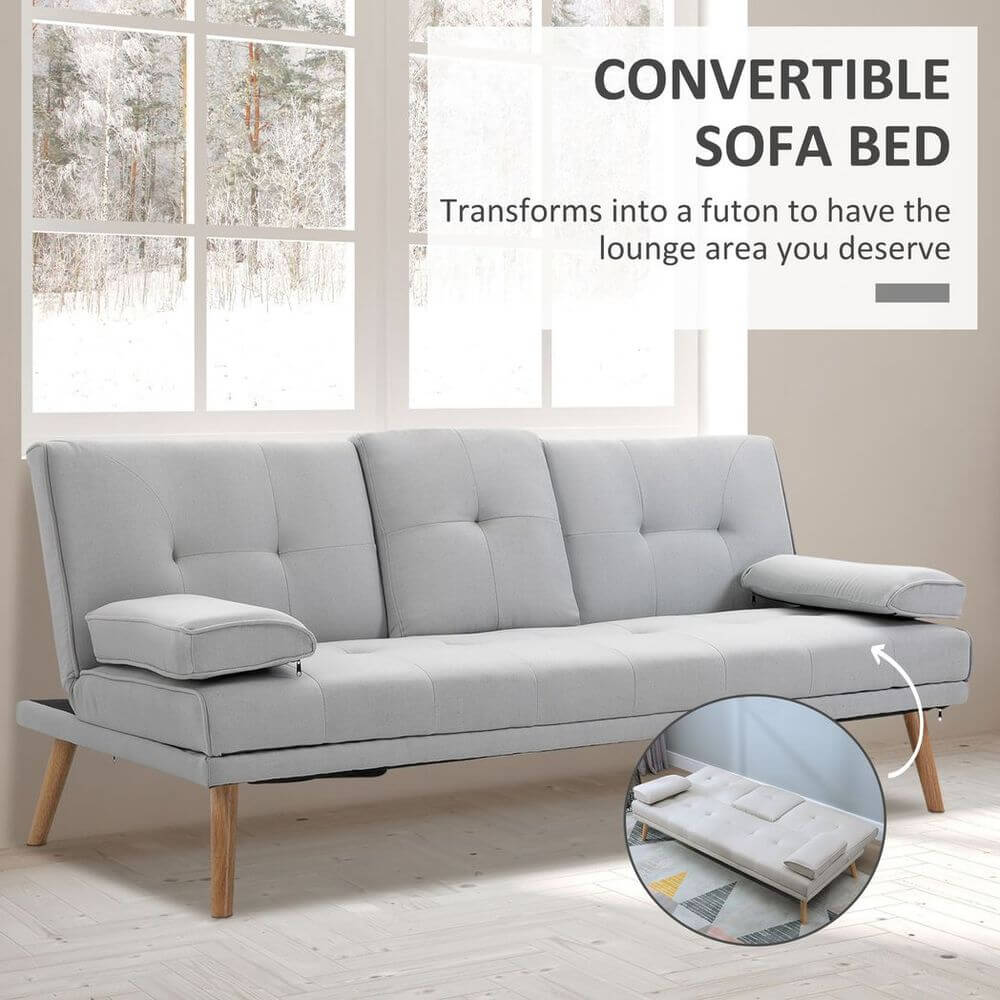 Stylish 3-Seater Sofa Bed with Storage Table, Discover the Scandi style 3-seater sofa bed with adjustable back and middle table for space-saving elegance and comfort.