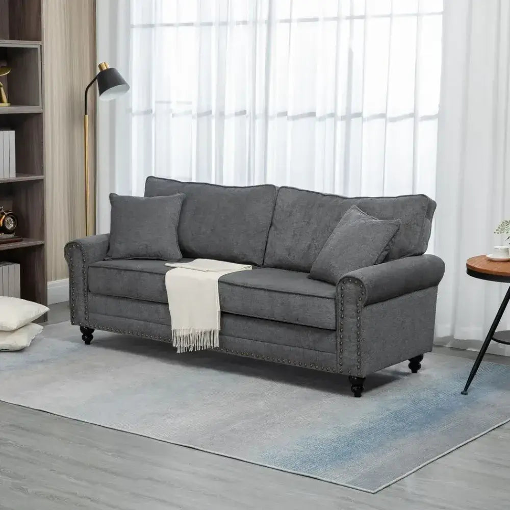 Chic Grey 2-Seater Sofa for Small Spaces, Discover our stylish grey fabric 2-seater sofa with nailhead trim. Perfect for small spaces, it adds comfort and elegance to any room.