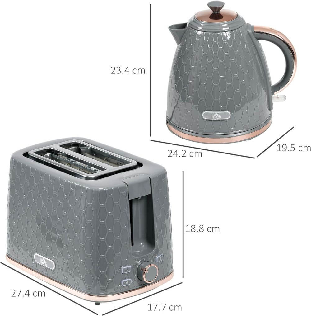 Stylish Kettle & Toaster Set - Fast Boil & Toast, Upgrade your kitchen with a chic kettle and toaster set featuring rapid boil and adjustable toast settings in a stylish honeycomb design.