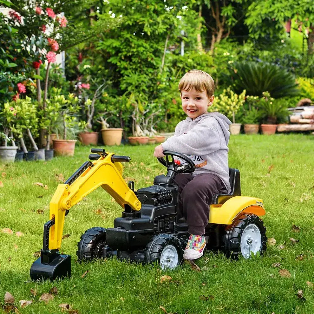 Kids Pedal Digger Toy - Realistic & Sturdy Fun, Ignite your child's imagination with our pedal-powered digger toy featuring a functional horn, movable bucket, and flexible arms. Perfect for endless fun!