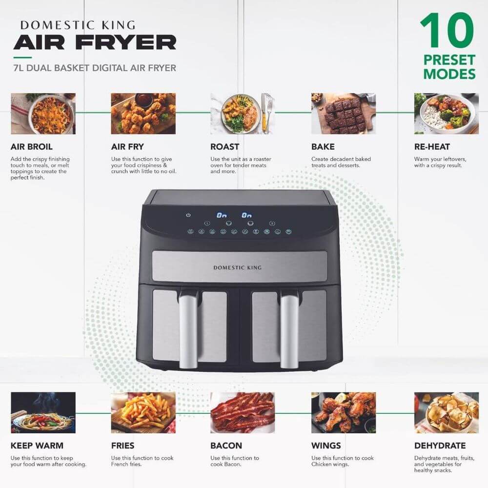 Domestic King 7L Air Fryer - 2400W Power, Discover effortless cooking with the Domestic King 7L Air Fryer. Dual baskets and 2400W power make perfect meals simple.