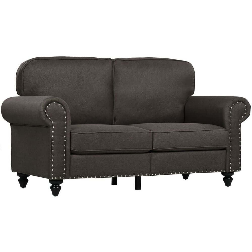 Sleek 2-Seater Mid-Century Sofa - Dark Brown, Upgrade your living room with our elegant 2-seater sofa. Features nailhead trim & plush cushioning for ultimate comfort & style.