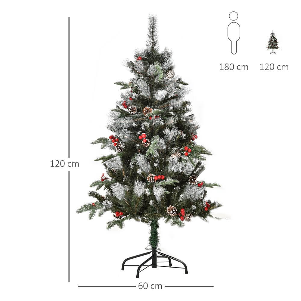 Snow-Dusted 4FT Christmas Tree - Festive Elegance, Enhance your festive decor with this 4FT artificial Christmas tree featuring snow flecks, red berries, and rustic pinecones for a holiday charm.