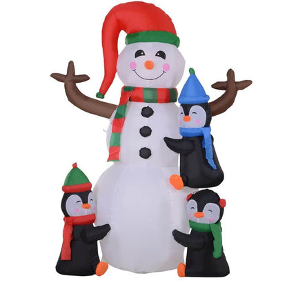 6ft Inflatable Snowman with Penguins, Brighten your yard with our 6ft inflatable snowman and penguins, featuring LED lights for festive holiday cheer.