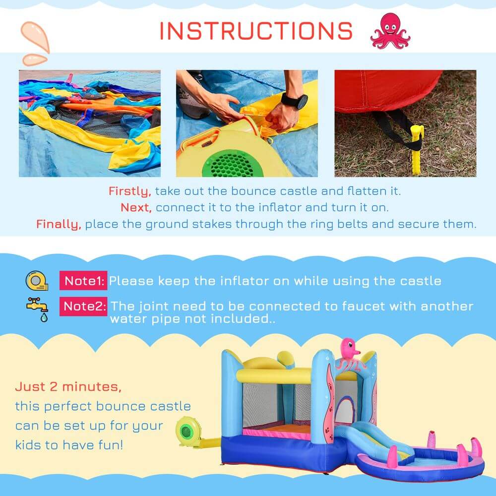 Inflatable Bouncy Castle Water Slide - 3-in-1 Fun, Inflate in 2 minutes with the included blower. Features a bouncy castle slide, water pool, & trampoline with secure ground stakes. Perfect for quick family fun!